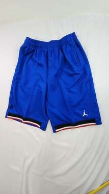 Jordan Brand Blue Mesh Basketball Shorts with Red White and Black Striped Trim